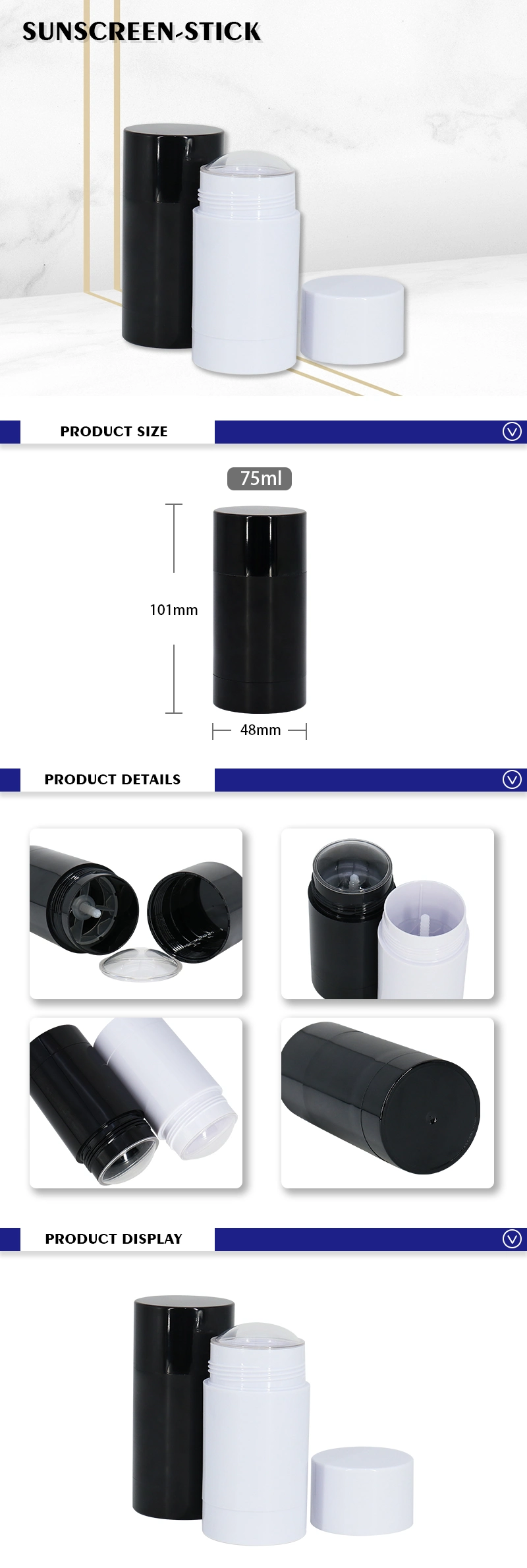 2.5 Oz 75ml Empty White Black Round Plastic Bottom Fill Deodorant Tube Reusable Stick Containers
